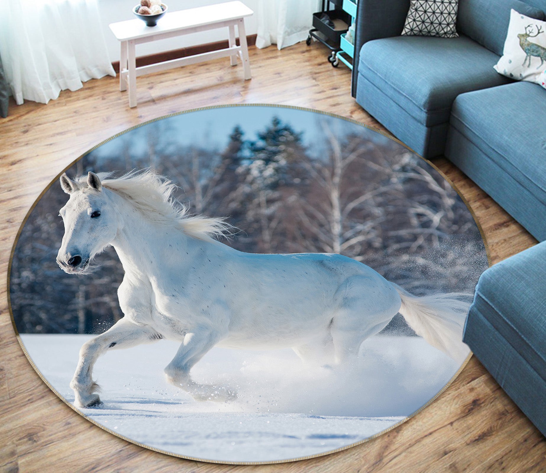 3D White Horse 37154 Animal Round Non Slip Rug Mat