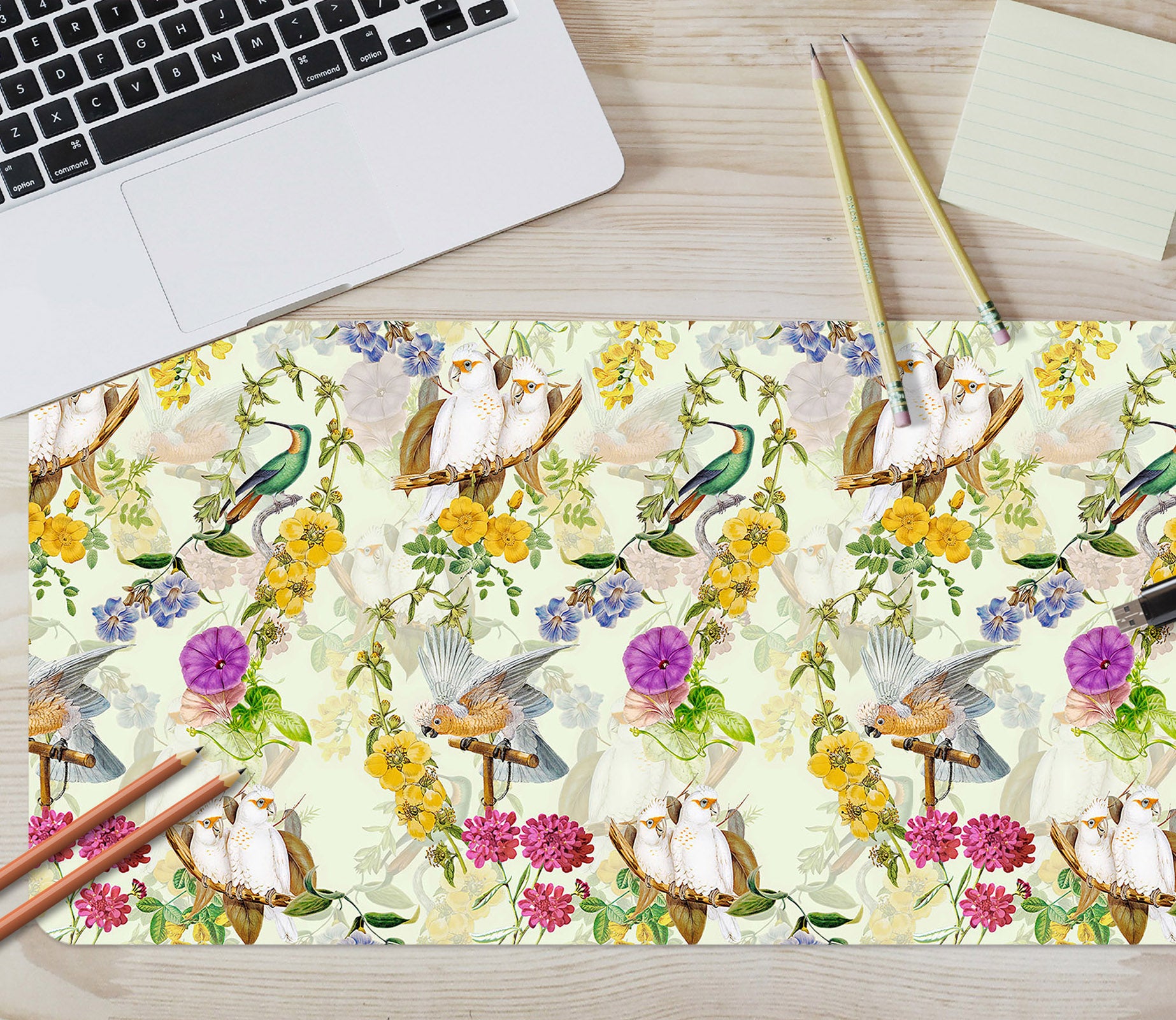 3D Colorful Flower White Parrot 120145 Uta Naumann Desk Mat