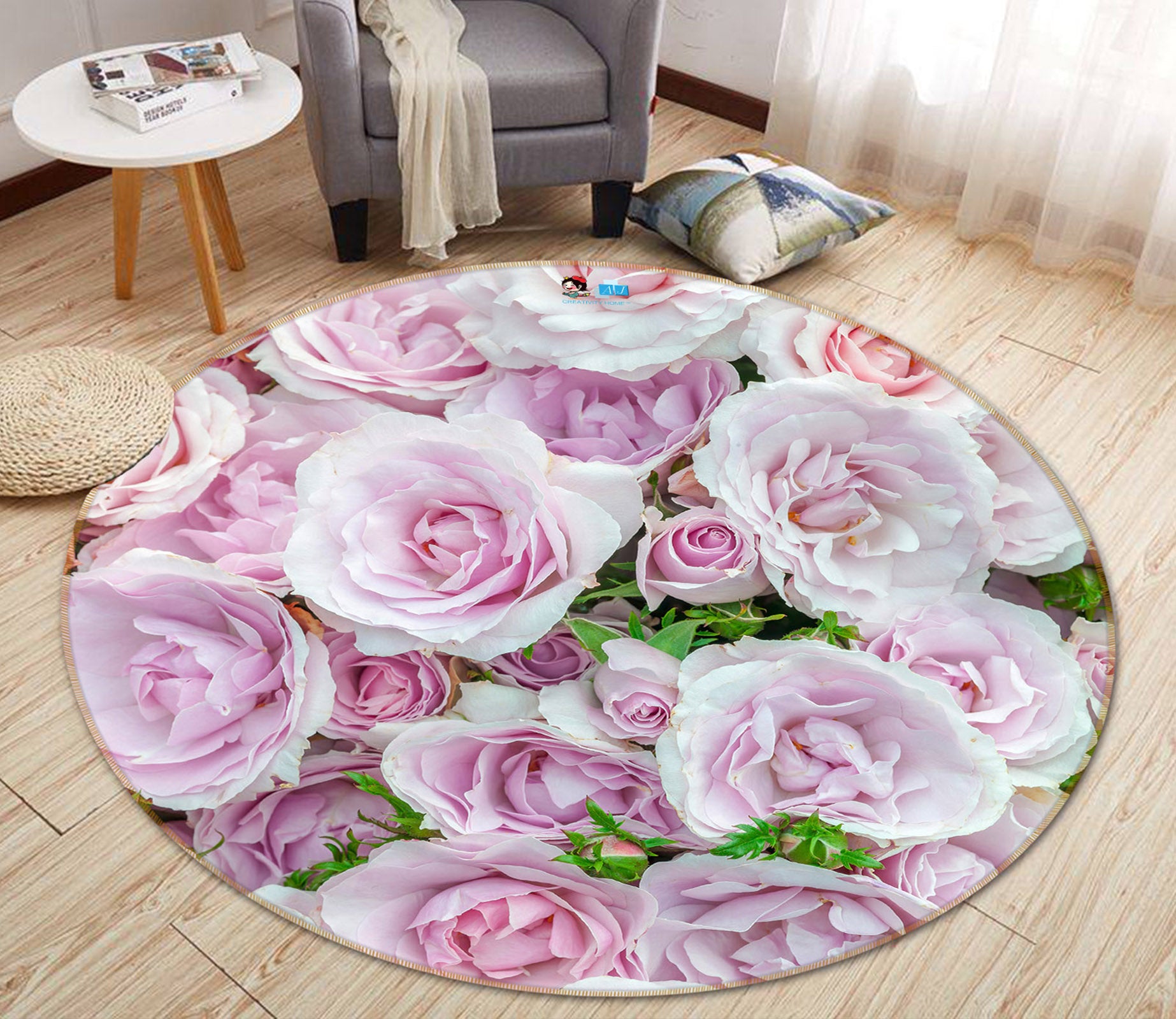 3D Pink Roses 7322 Assaf Frank Rug Round Non Slip Rug Mat