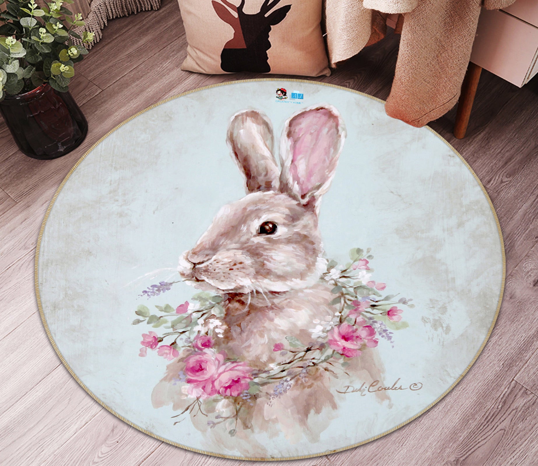 3D Wreath Bunny 1144 Debi Coules Rug Round Non Slip Rug Mat