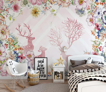 3D Pink Deer Flower WC2744 Wall Murals