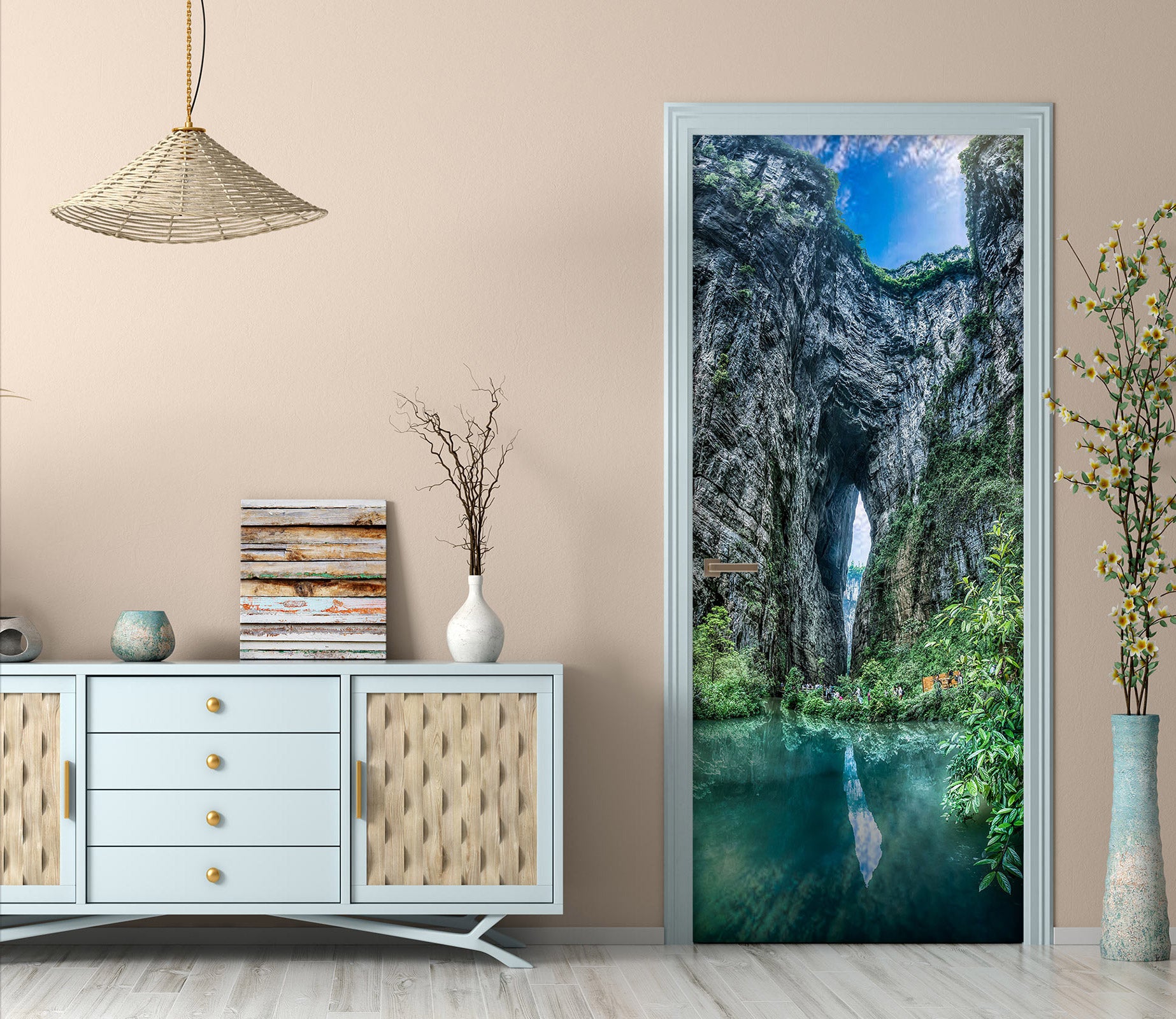 3D Stone Cave Lake 25007 Door Mural