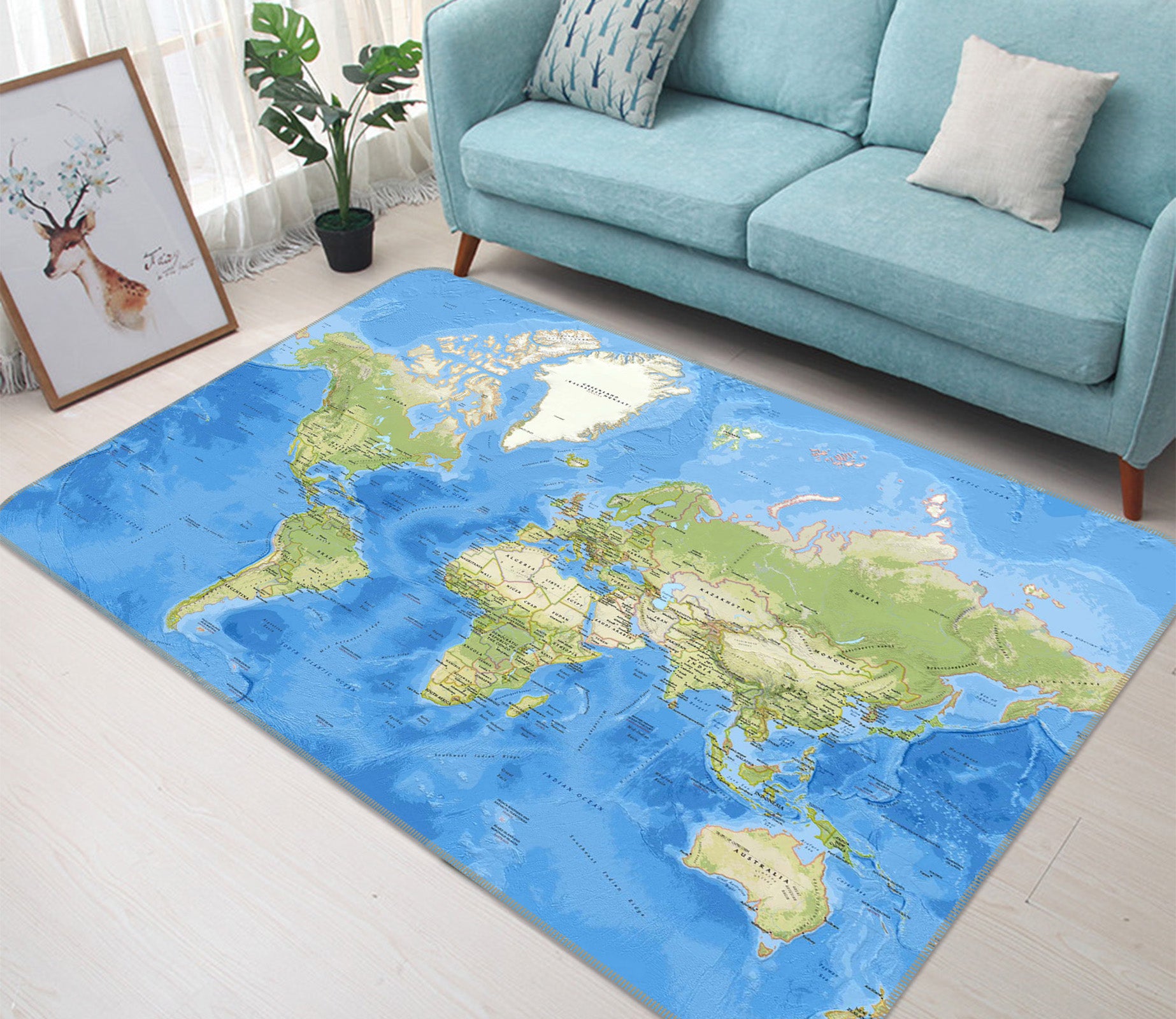 3D Blue Ocean 303 World Map Non Slip Rug Mat