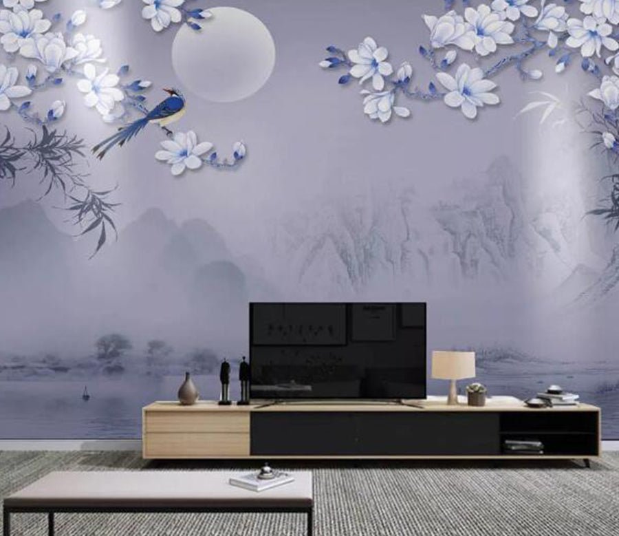 3D Moon Blue Bird WC1719 Wall Murals