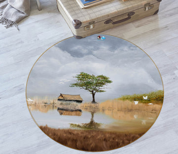 3D Trees Grass Cabin 18155 Marina Zotova Rug Round Non Slip Rug Mat