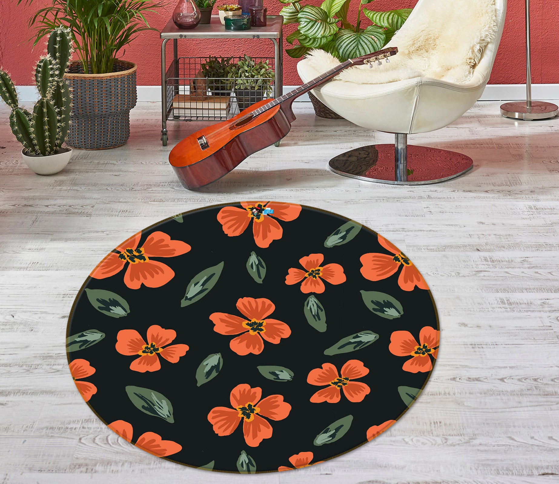 3D Orange Flowers 10535 Kashmira Jayaprakash Rug Round Non Slip Rug Mat