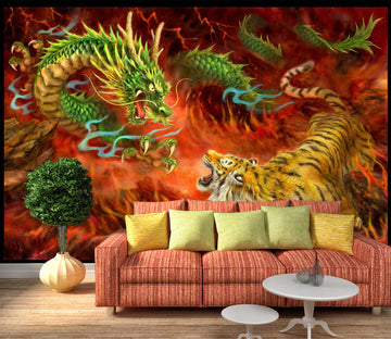 3D Green Dragon Tiger 5521 Kayomi Harai Wall Mural Wall Murals