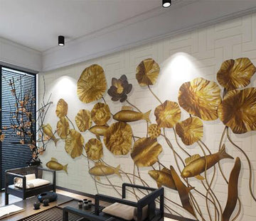 3D Golden Lotus Leaf WC556 Wall Murals