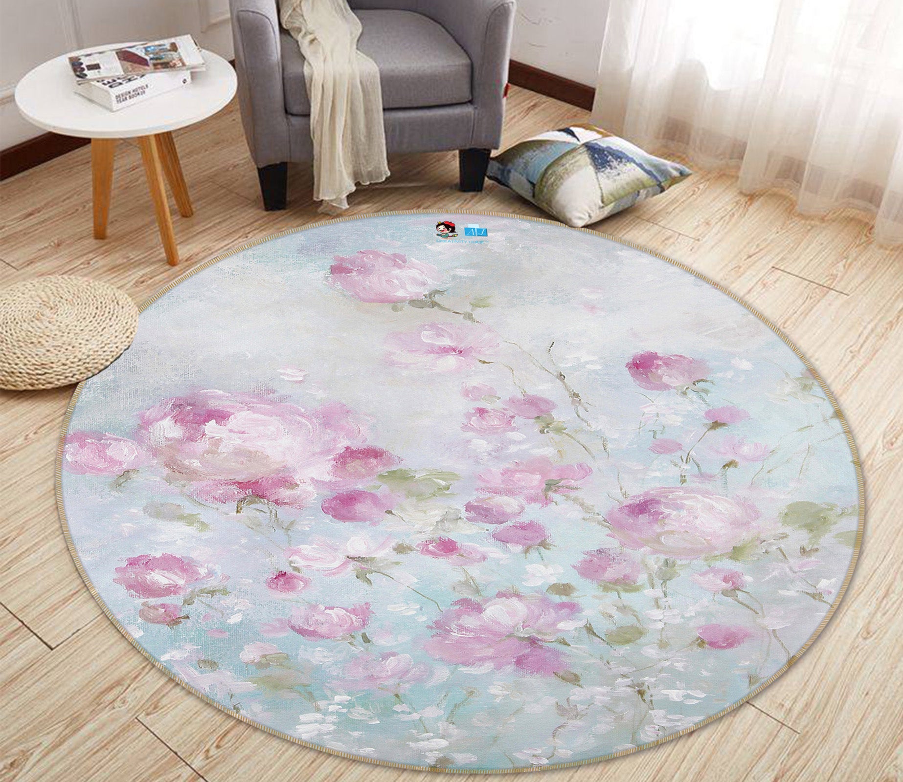 3D Flower Bush Pink 1127 Debi Coules Rug Round Non Slip Rug Mat