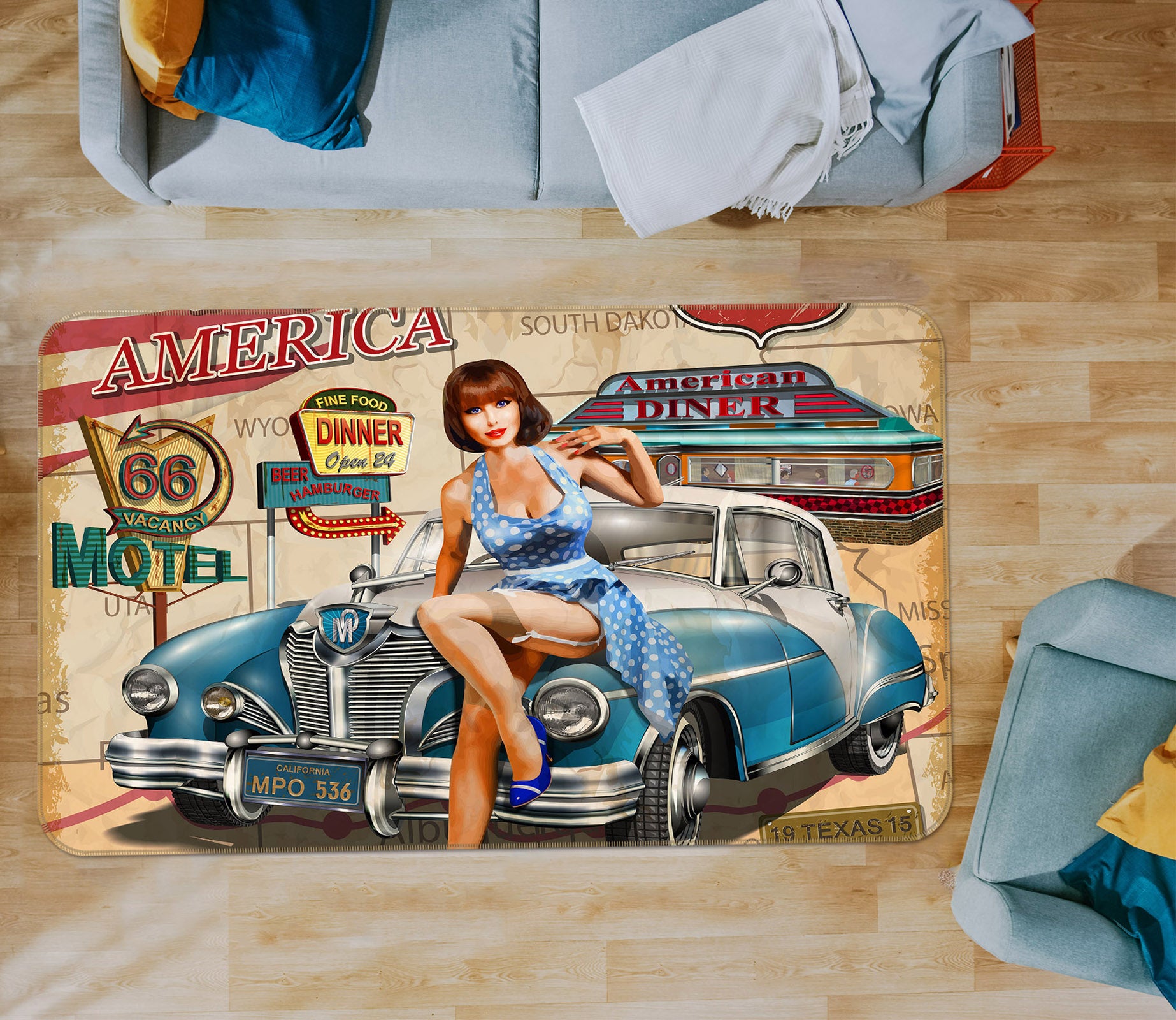 3D Retro Beauty Blue Car 68072 Vehicle Non Slip Rug Mat