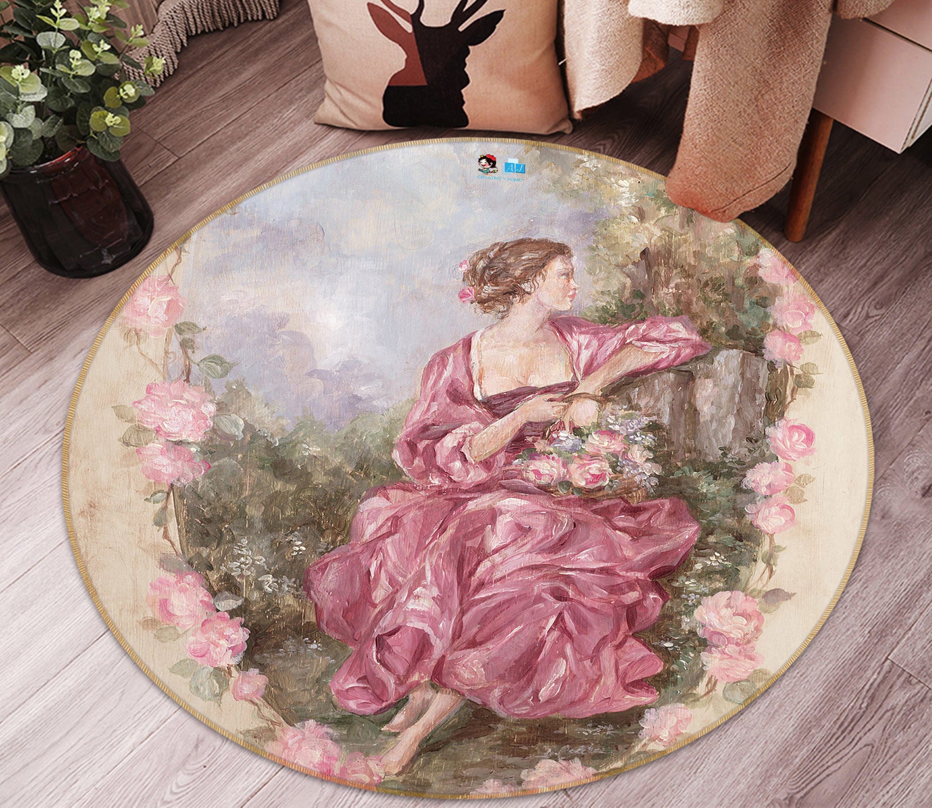 3D Garden Girl 1154 Debi Coules Rug Round Non Slip Rug Mat