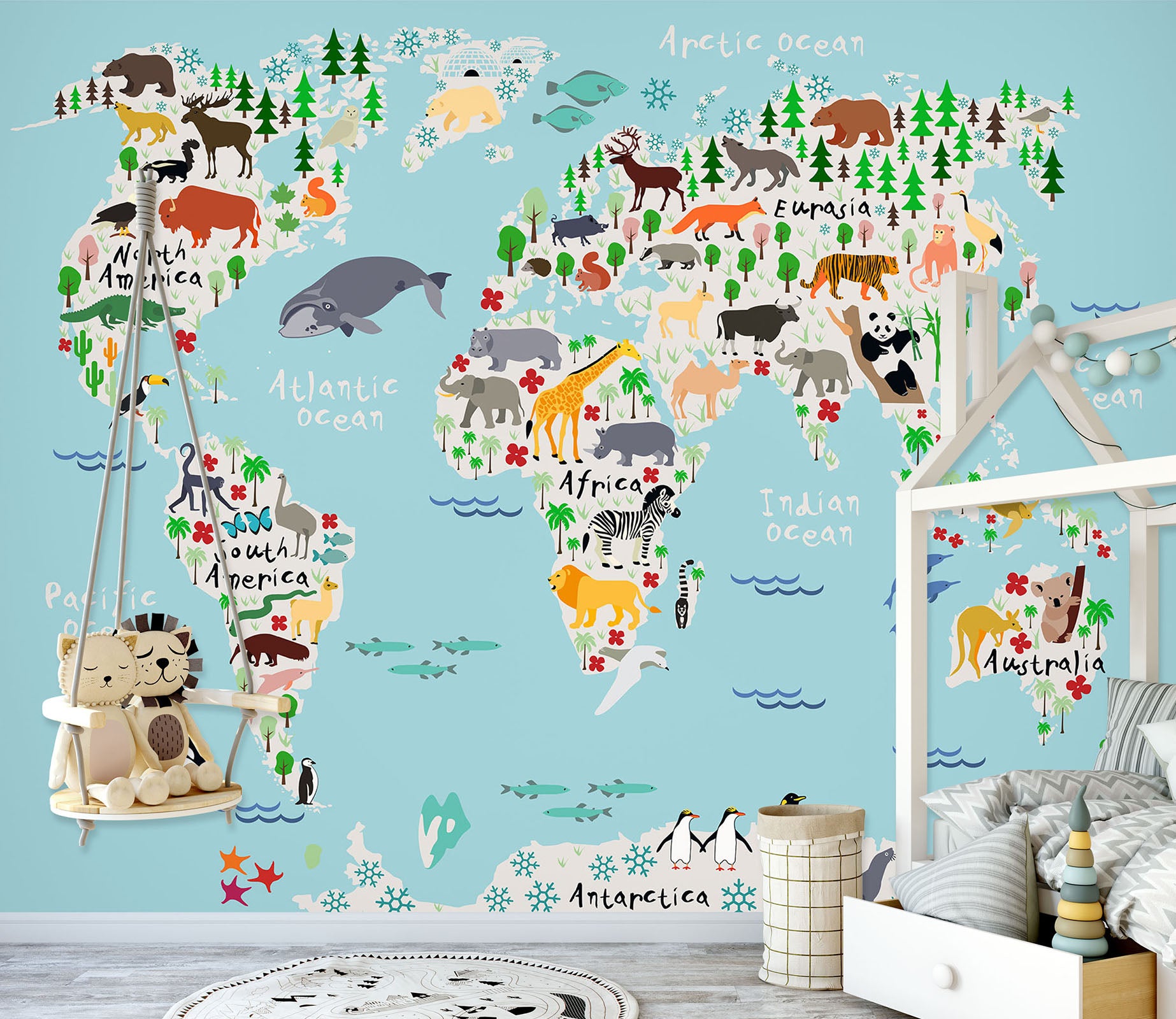 3D Animal Growth 2044 World Map Wall Murals