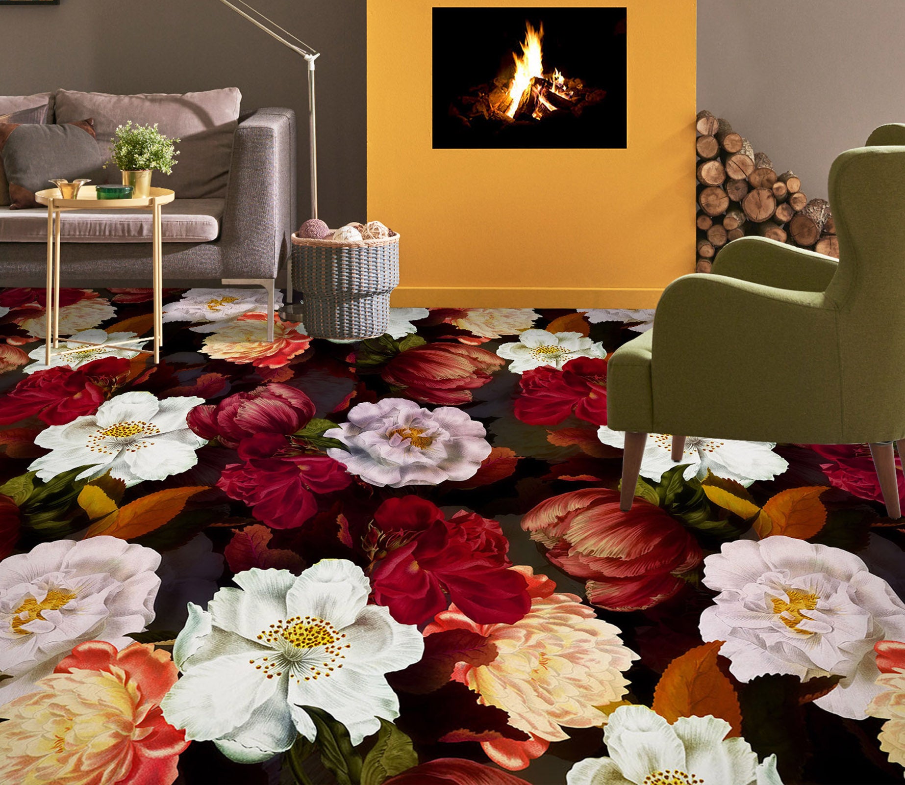 3D White Red Flower Clump 99228 Uta Naumann Floor Mural