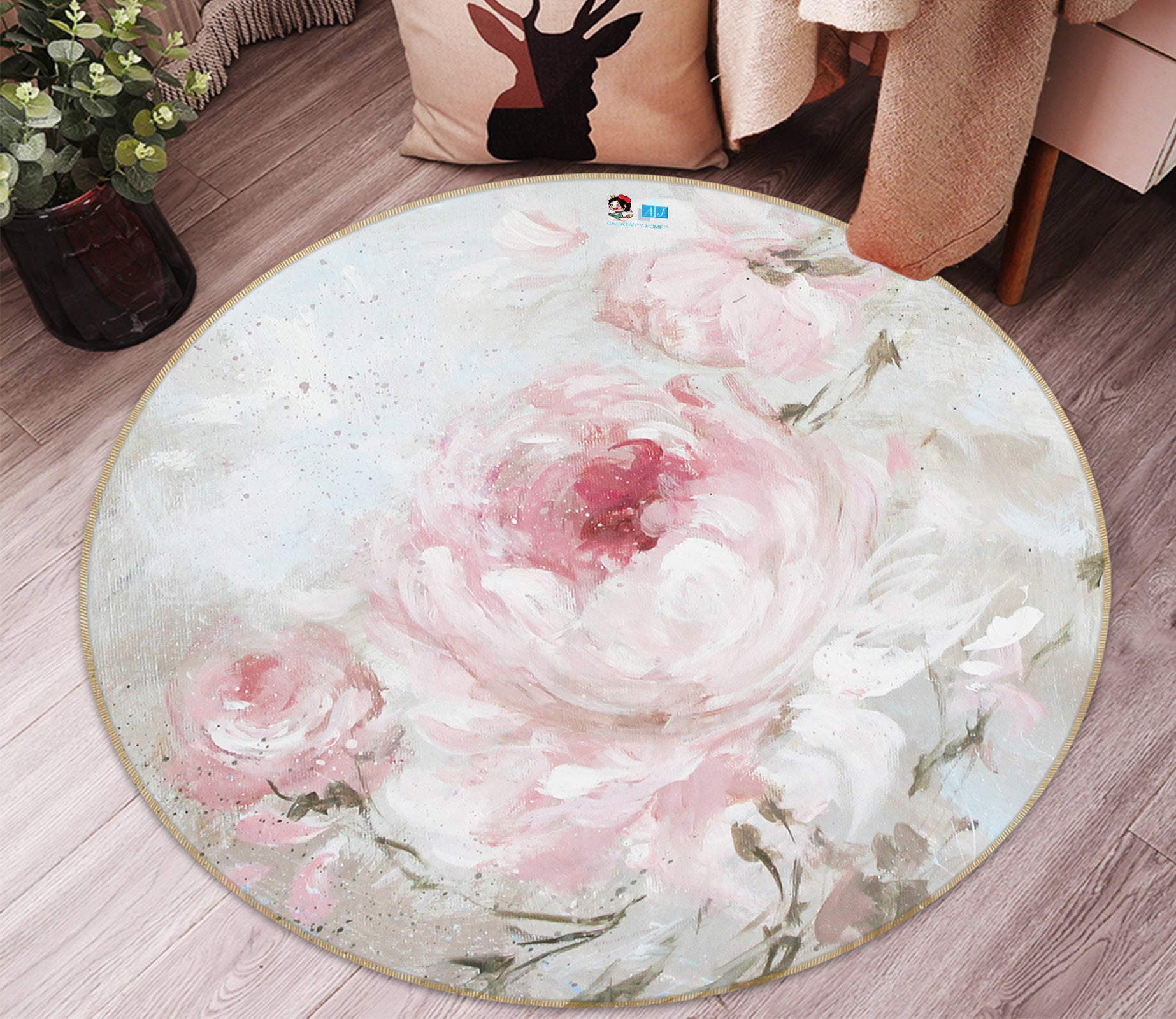 3D Light Pink Flowers 1141 Debi Coules Rug Round Non Slip Rug Mat