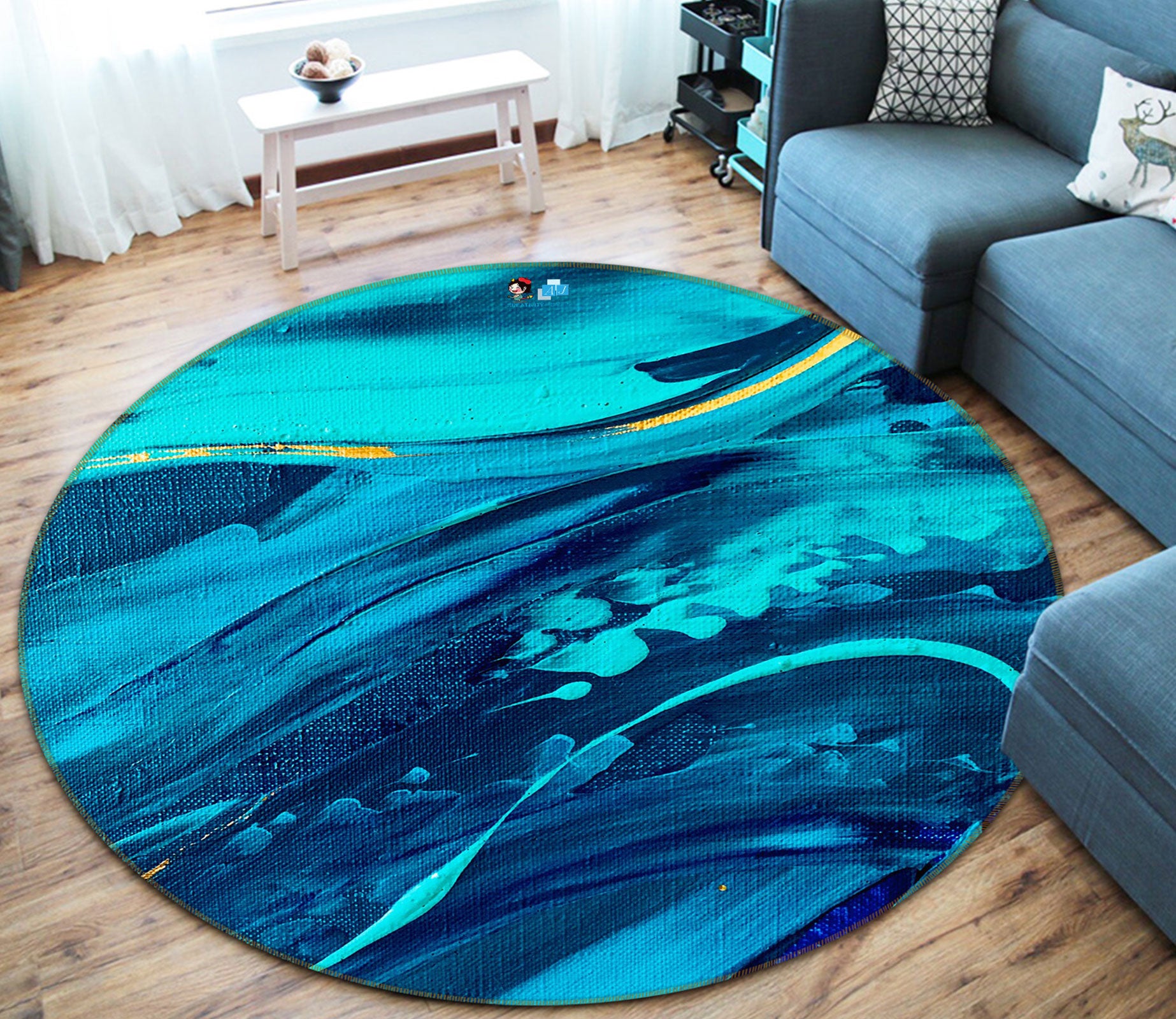 3D Blue Texture 737 Skromova Marina Rug Round Non Slip Rug Mat