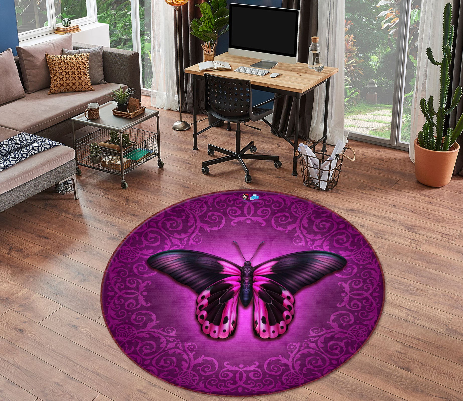 3D Pink Butterfly 8883 Brigid Ashwood Rug Round Non Slip Rug Mat