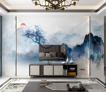 3D Blue Mountain Tree WC2527 Wall Murals