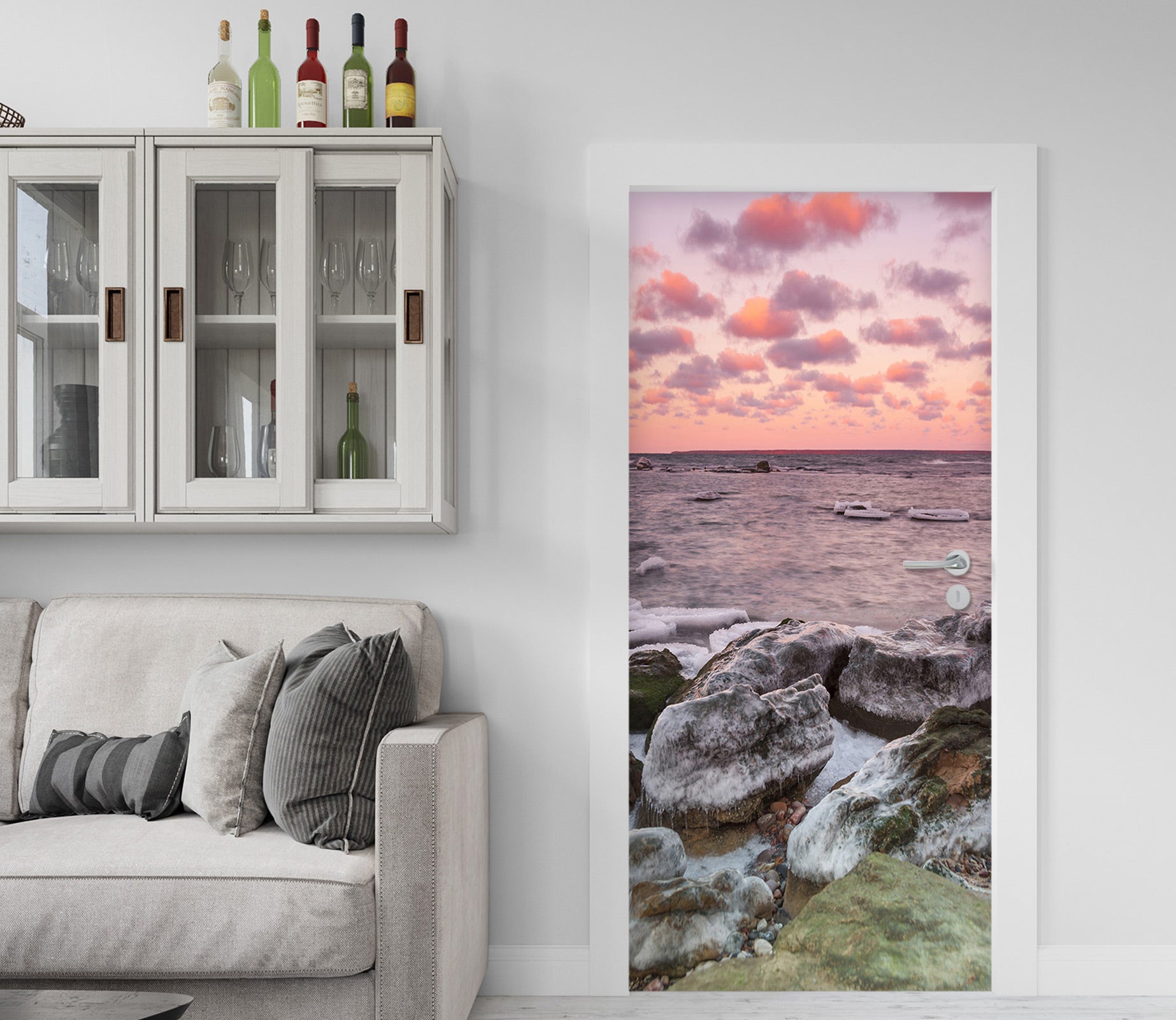 3D Pink Sky Sea 081 Door Mural