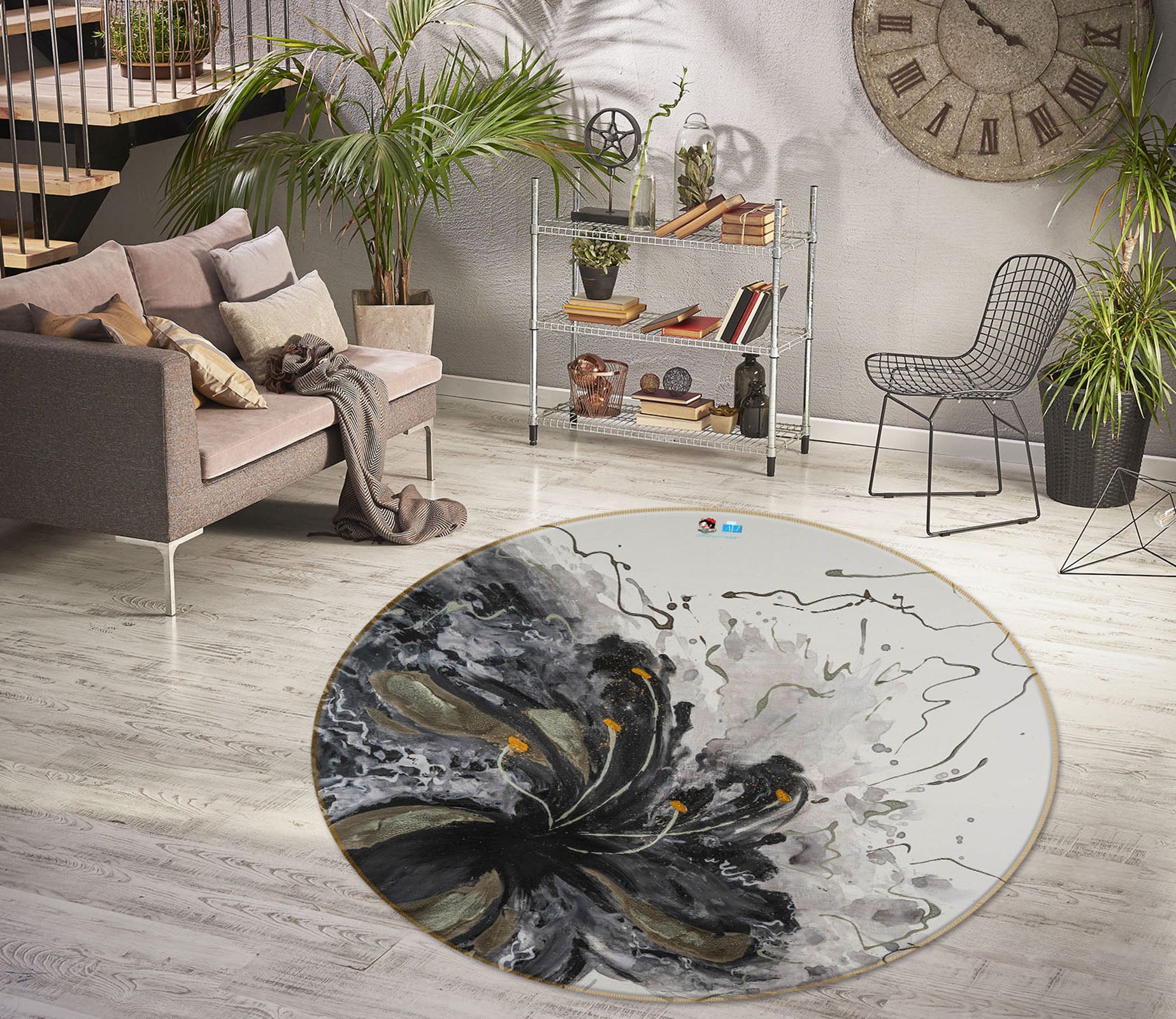 3D Black Ink Flower 841 Skromova Marina Rug Round Non Slip Rug Mat