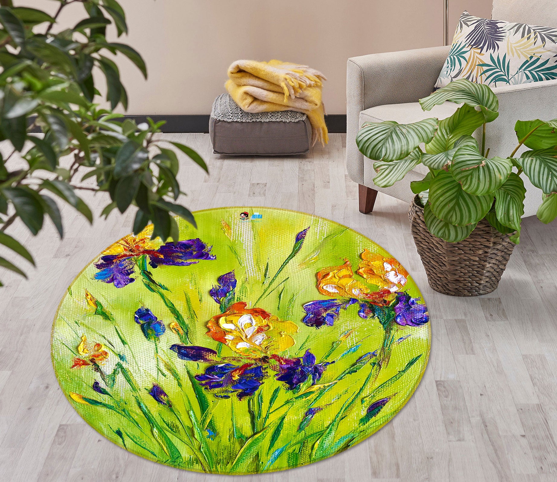 3D Paint Flower 750 Skromova Marina Rug Round Non Slip Rug Mat