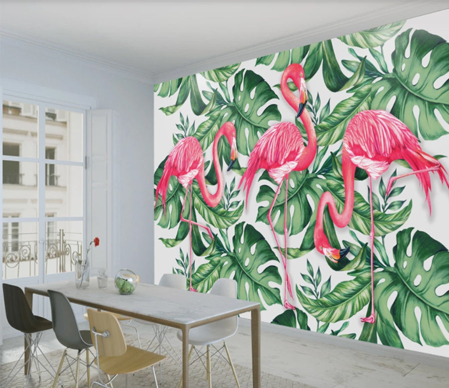 3D Flamingo Leaves WC1128 Wall Murals