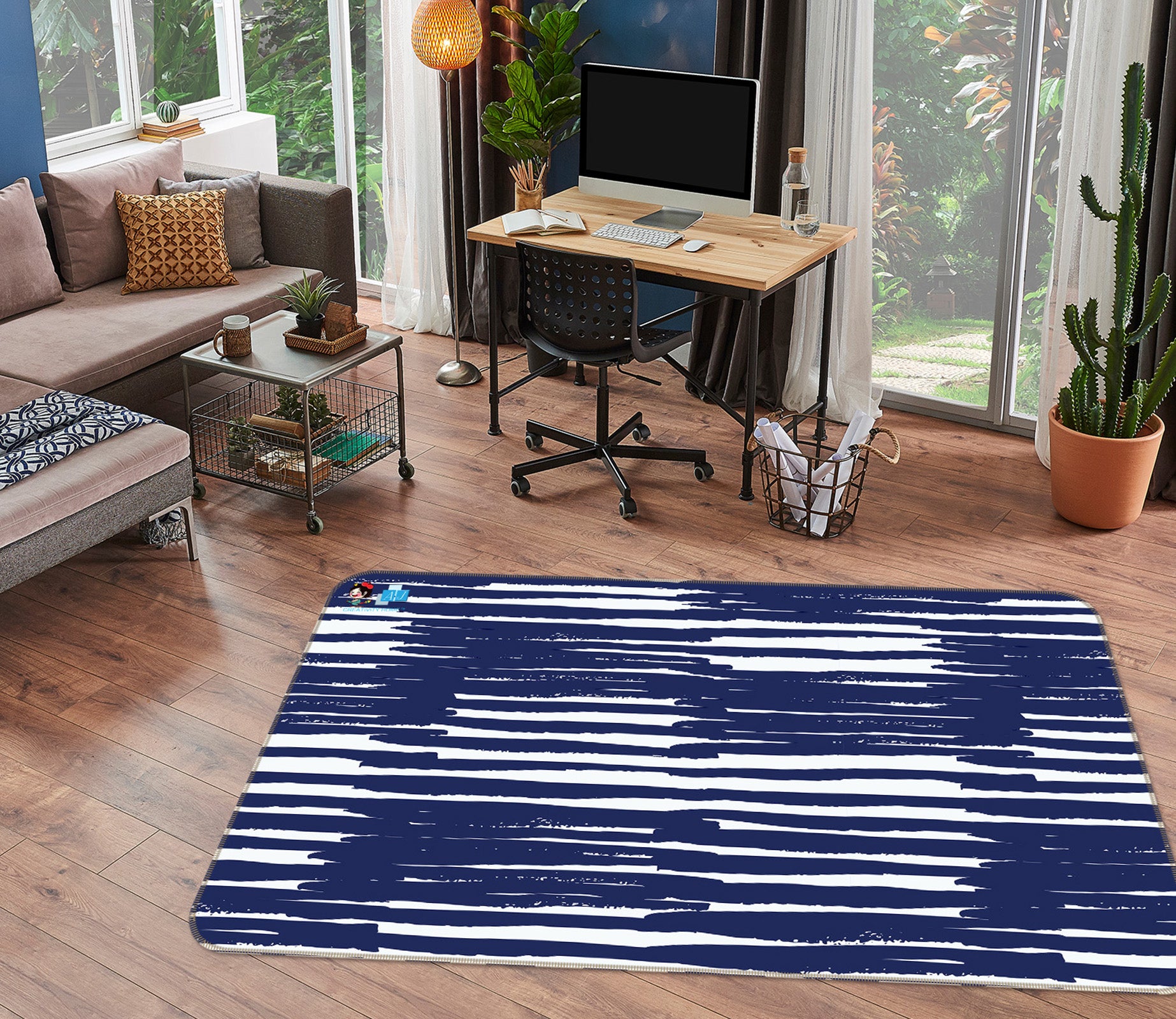 3D Navy Blue Stripe 107137 Kashmira Jayaprakash Rug Non Slip Rug Mat