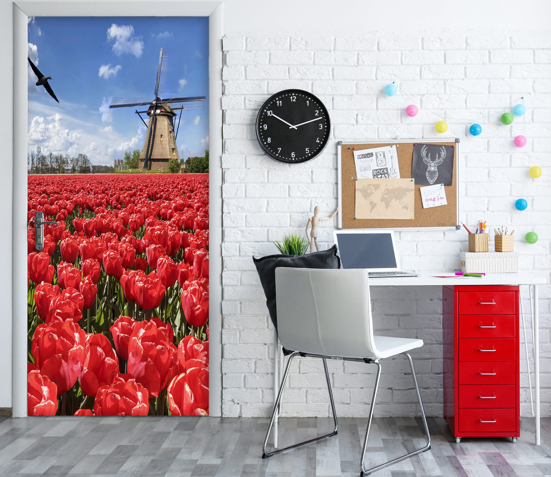 3D Windmill Red Flower 210 Door Mural