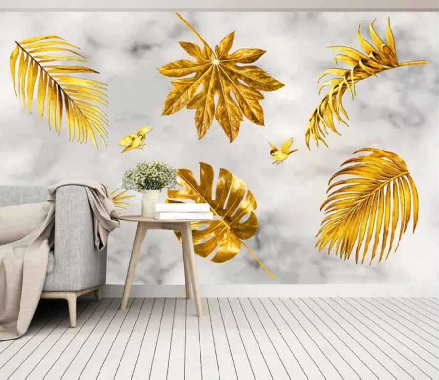 3D Golden Bird Leaf WC2321 Wall Murals