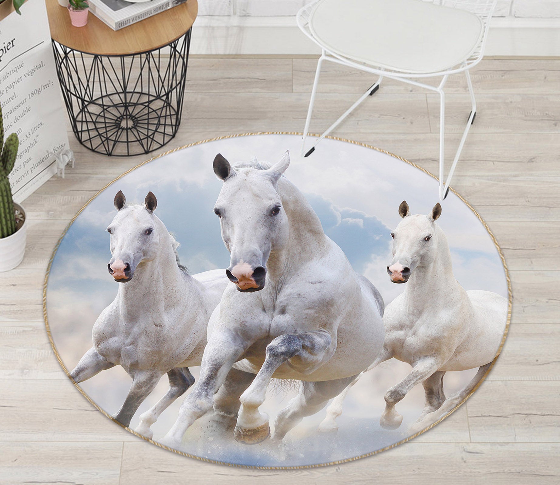 3D Three White Horses 37182 Animal Round Non Slip Rug Mat