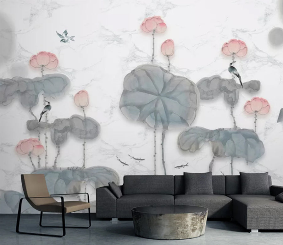 3D Lotus Bird WC469 Wall Murals