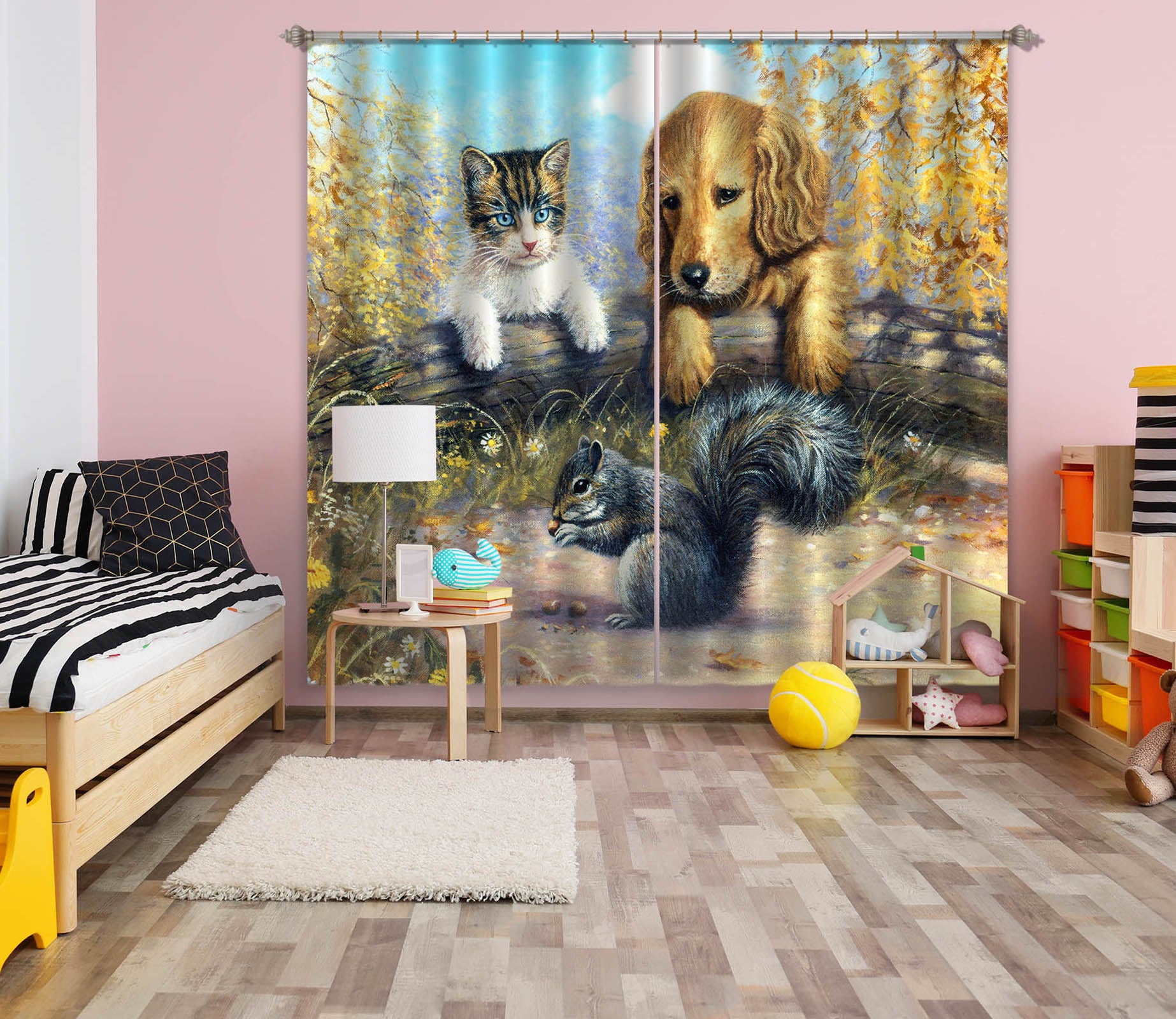 3D Squirrel Dog 132 Kevin Walsh Curtain Curtains Drapes