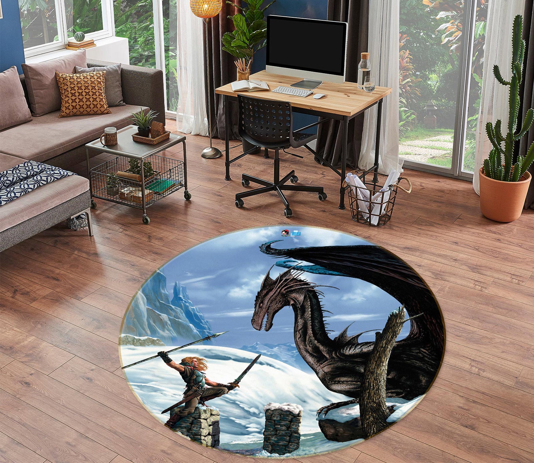 3D Snow Dragon Soldier 6054 Ciruelo Rug Round Non Slip Rug Mat