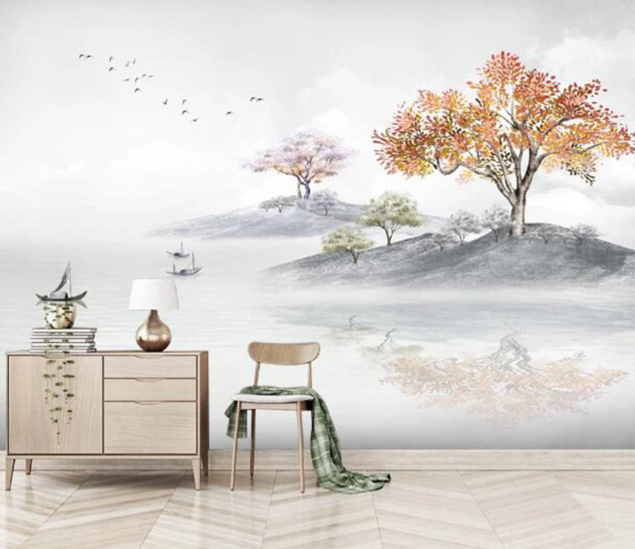 3D Tree Boat Lake WC1707 Wall Murals