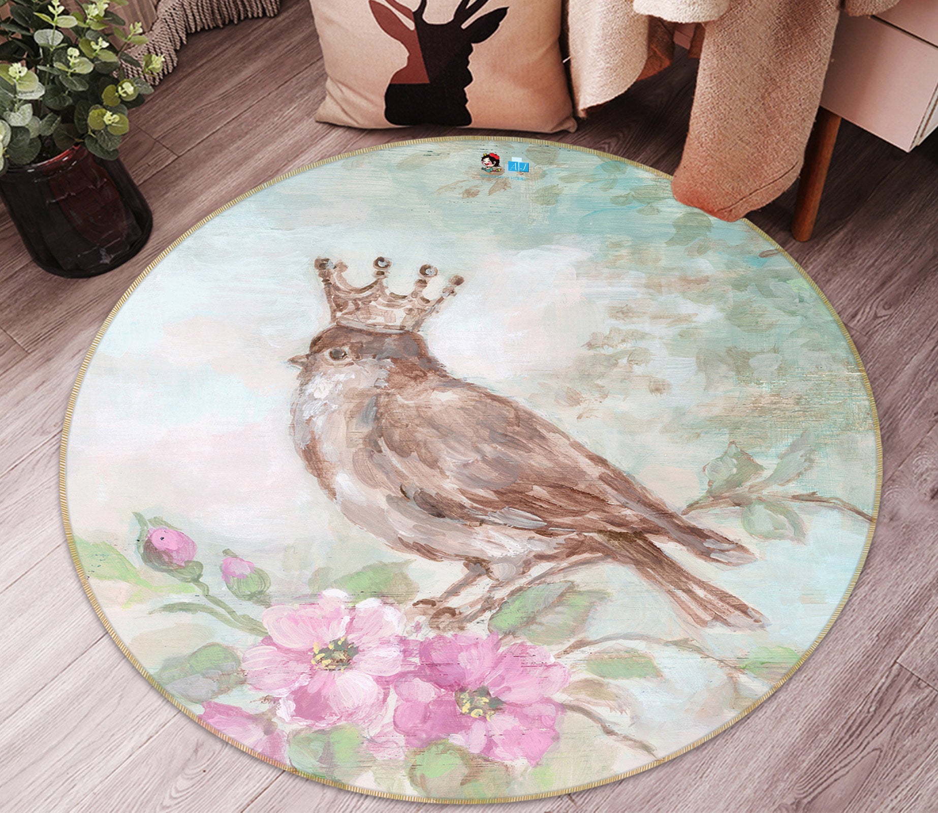 3D Crown Bird Flower Branch 1157 Debi Coules Rug Round Non Slip Rug Mat