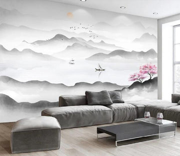 3D Peach Blossom Boat WC1680 Wall Murals