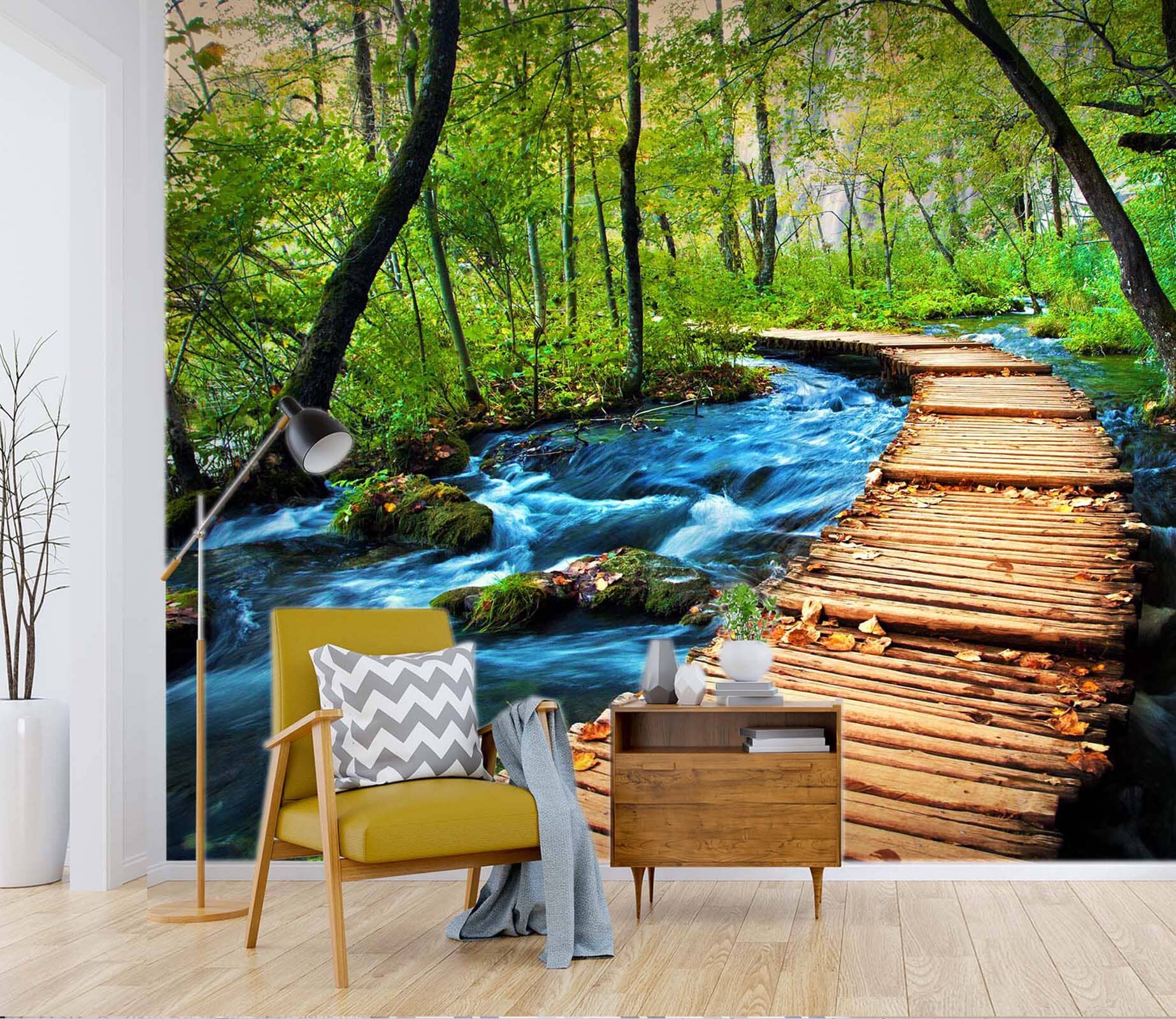 3D Waterfall Wooden Bridge 13 Wall Murals Wallpaper AJ Wallpaper 2 