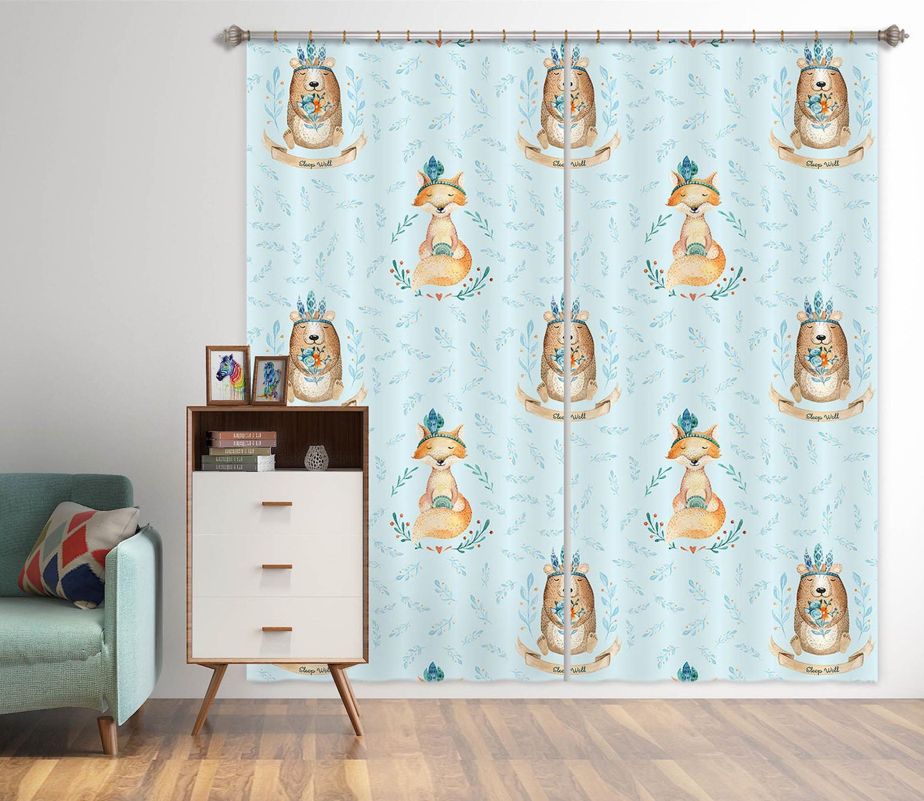 3D Fox Bear Leaves 129 Uta Naumann Curtain Curtains Drapes