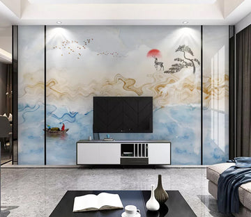 3D Elk Boat Lake WC2130 Wall Murals