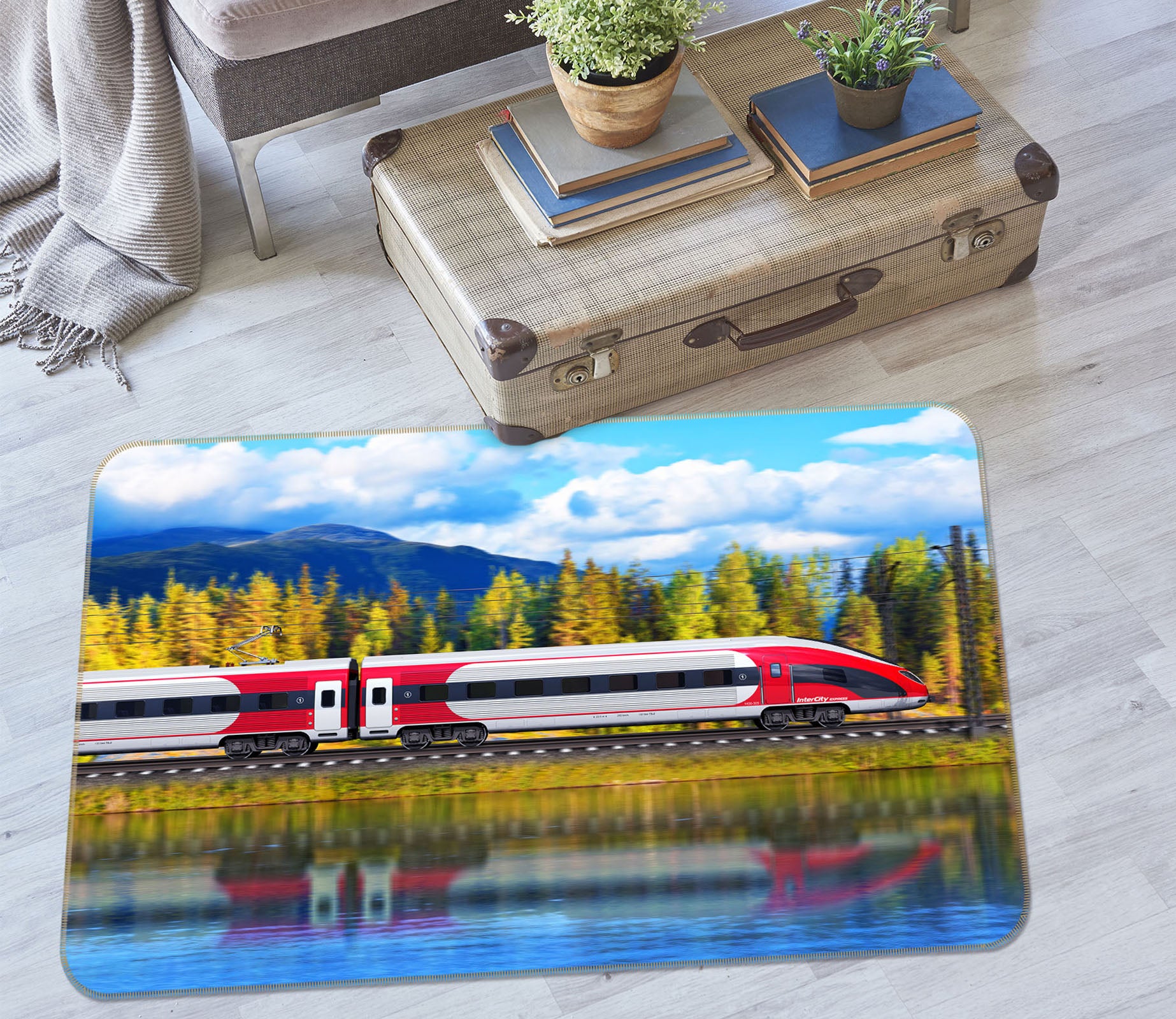 3D Mountain Tree Lake Train Reflection 68105 Vehicle Non Slip Rug Mat