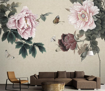 3D Red Peony Butterfly WC346 Wall Murals