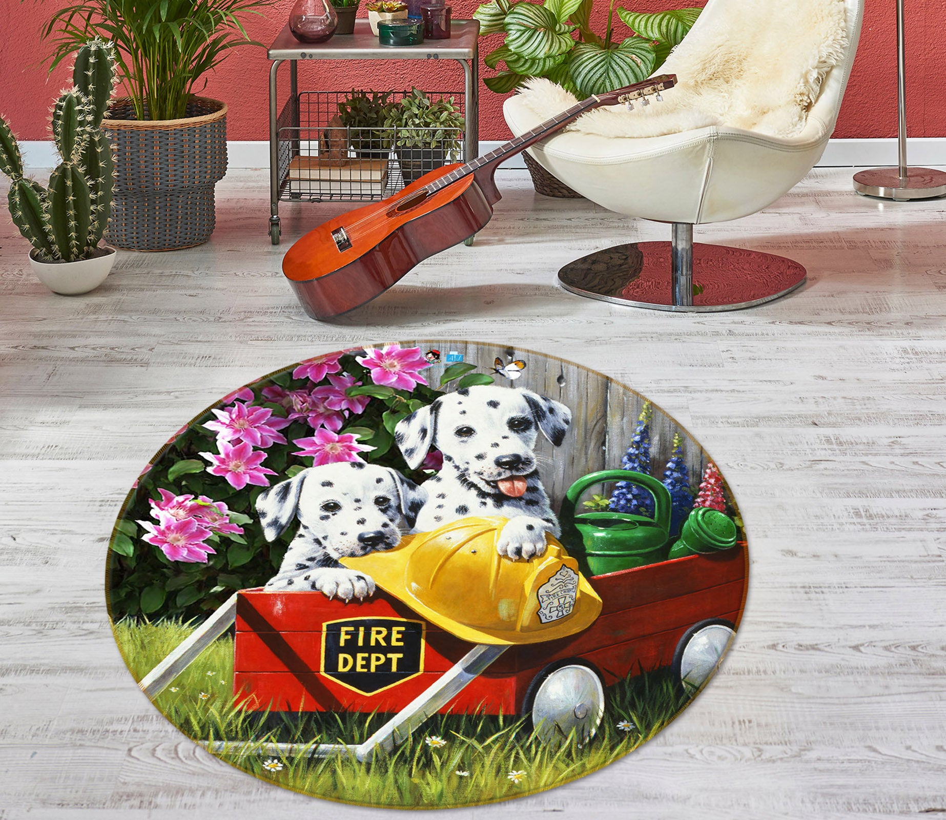 3D Dalmatian Flower 035 Kevin Walsh Rug Round Non Slip Rug Mat