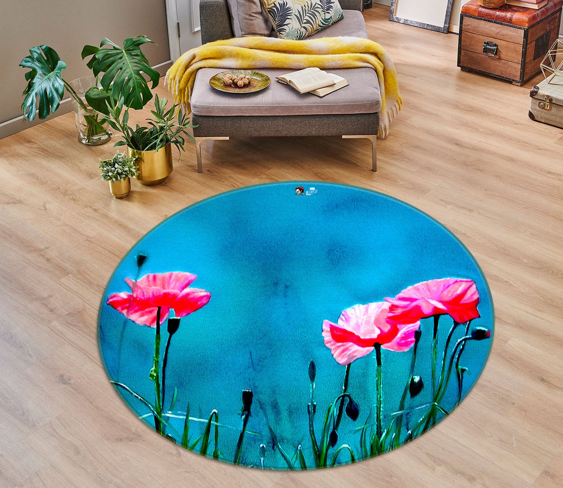 3D Pink Flowers 11085 Matthew Holden Bates Rug Round Non Slip Rug Mat