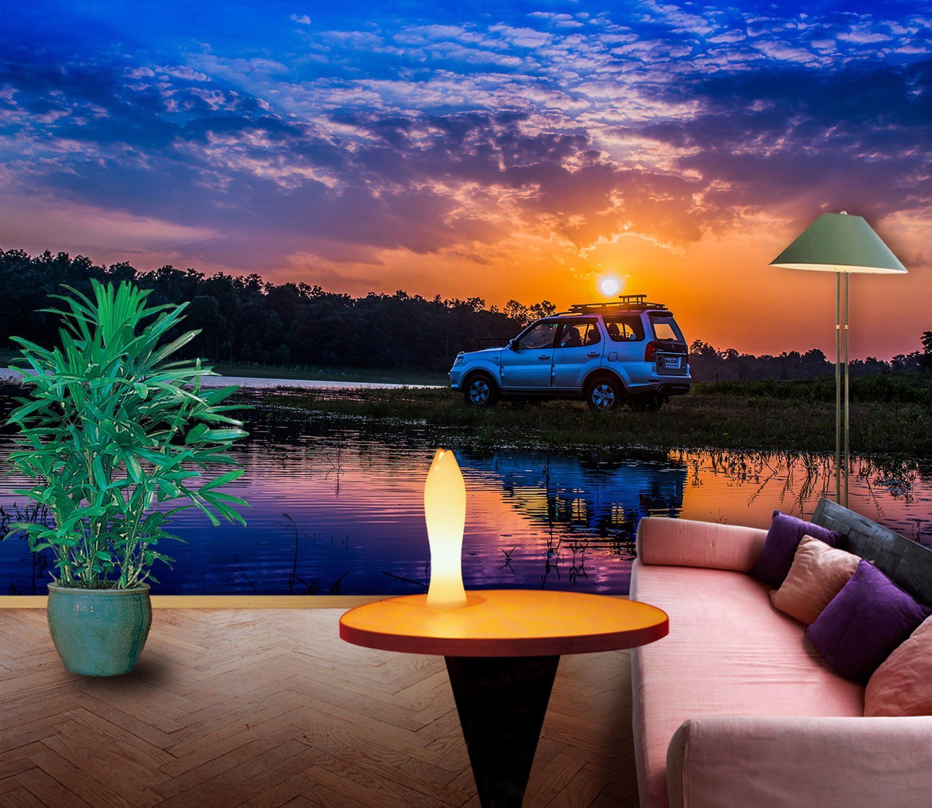 3D Lake Sunset Car 939 Vehicle Wall Murals Wallpaper AJ Wallpaper 2 