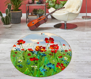 3D Red Flower Grass 916 Skromova Marina Rug Round Non Slip Rug Mat