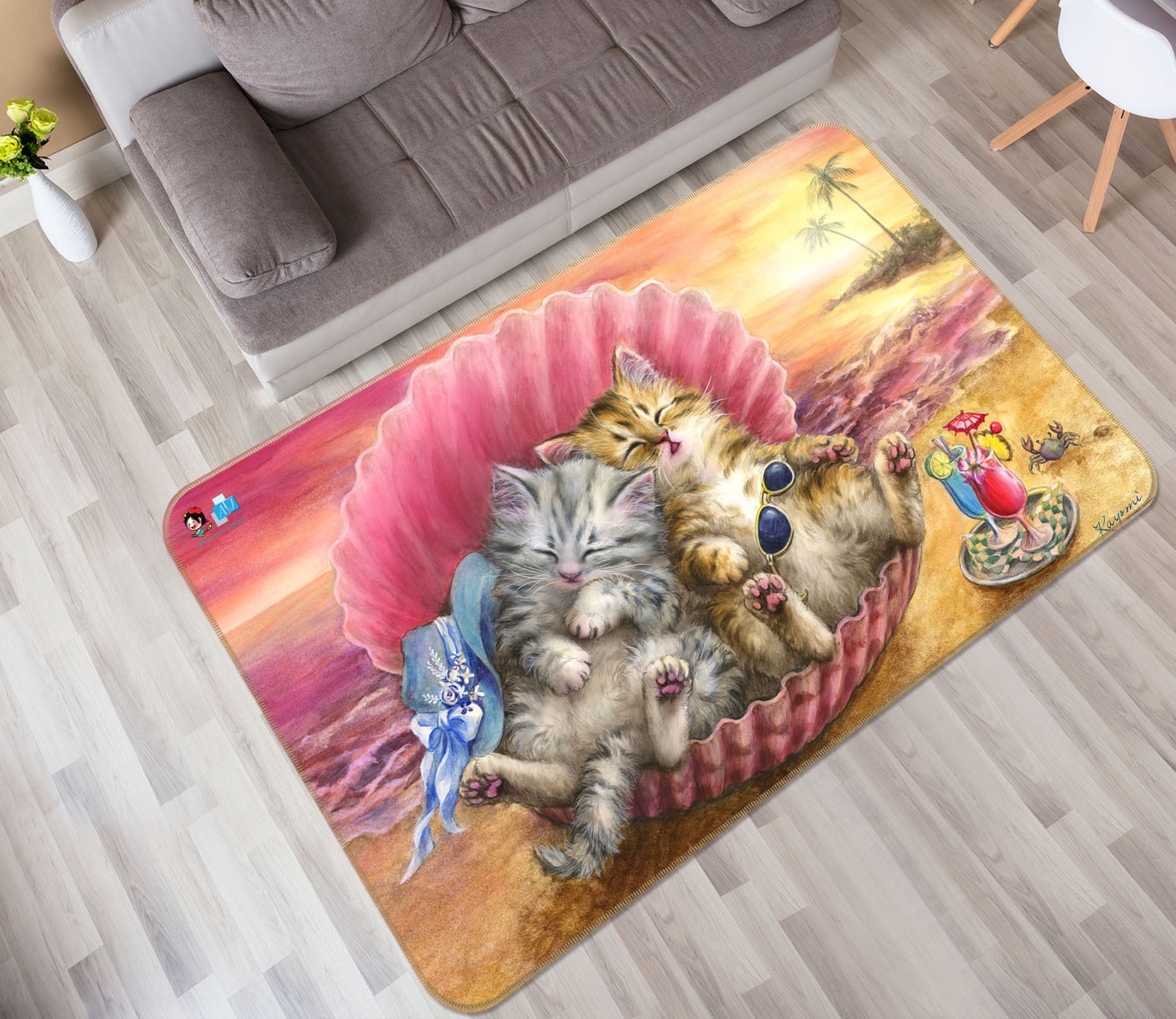 3D Pink Shell Cat 5620 Kayomi Harai Rug Non Slip Rug Mat