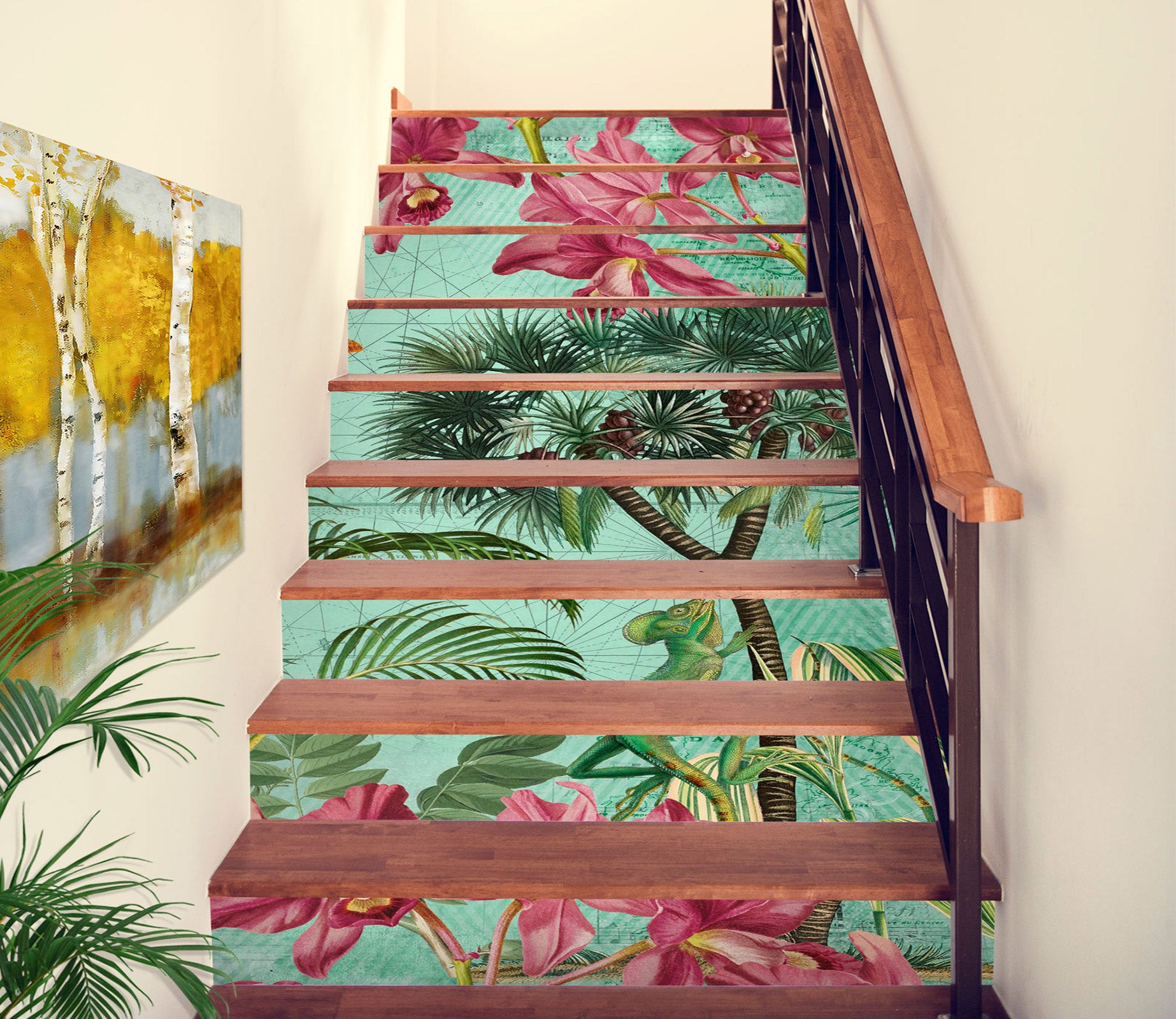 3D Green Leaves Pink Flowers 104116 Andrea Haase Stair Risers