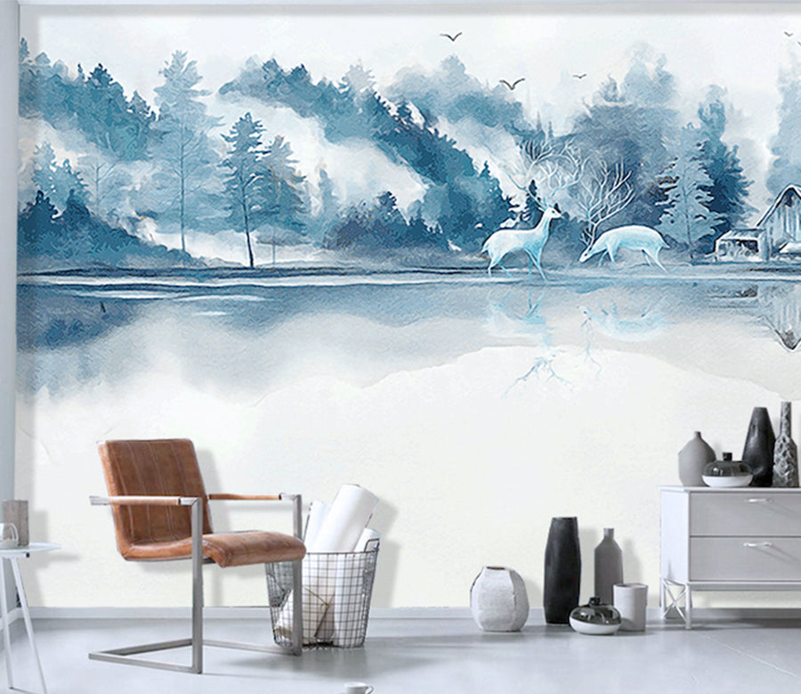 3D White Deer Forest WG197 Wall Murals