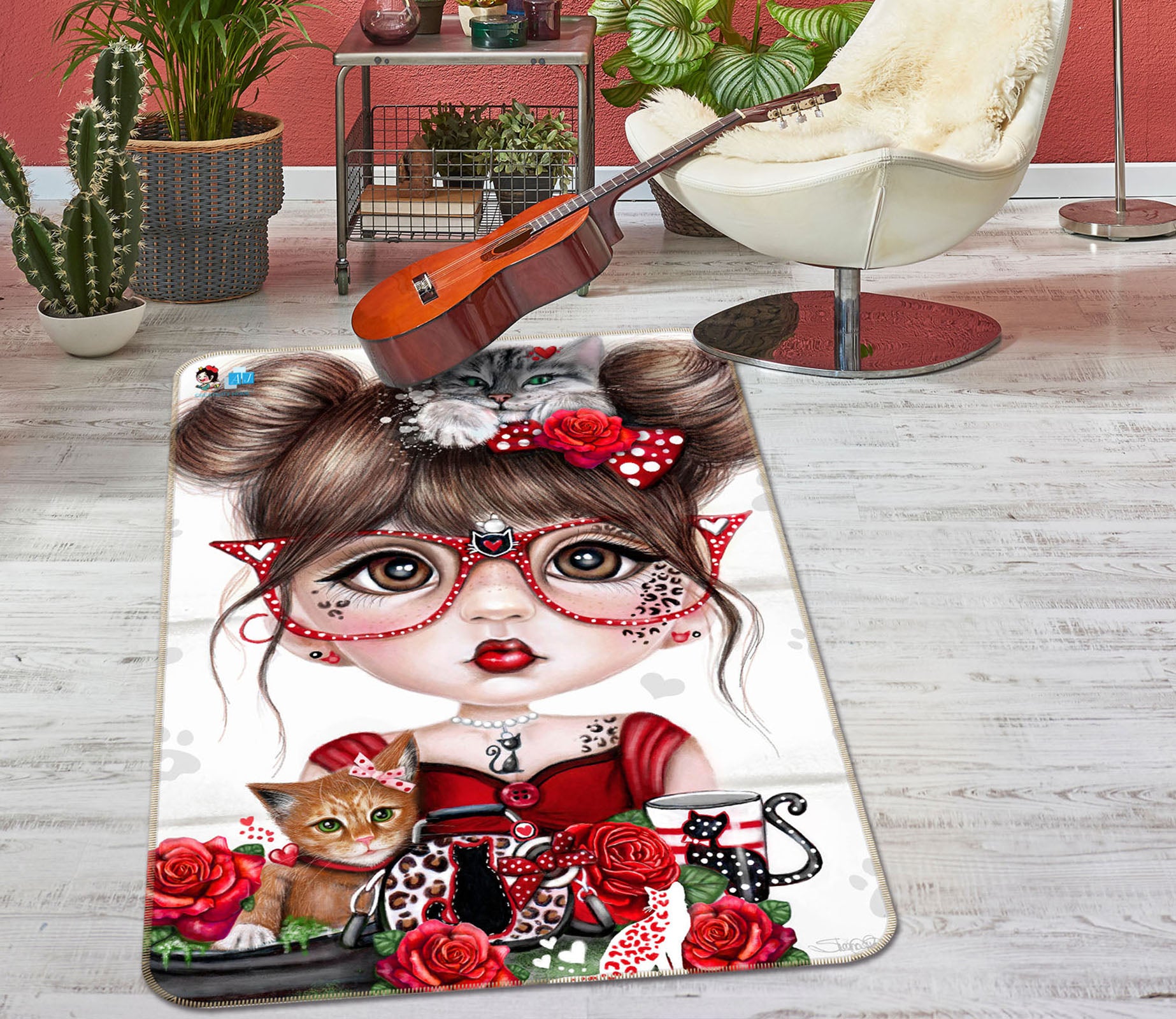 3D Red Rose Girl 8531 Sheena Pike Rug Non Slip Rug Mat