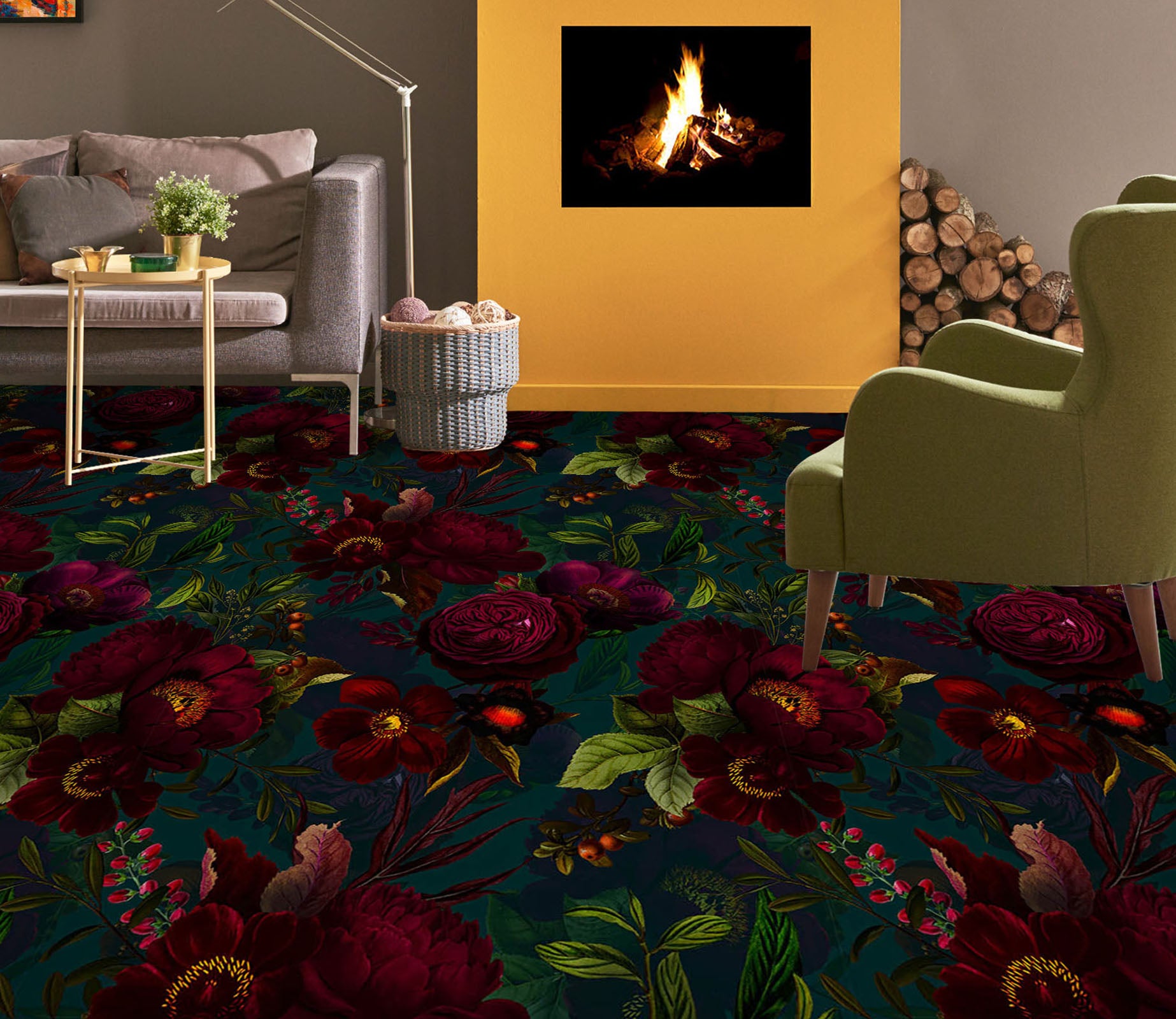 3D Dark Red Flowers 10027 Uta Naumann Floor Mural