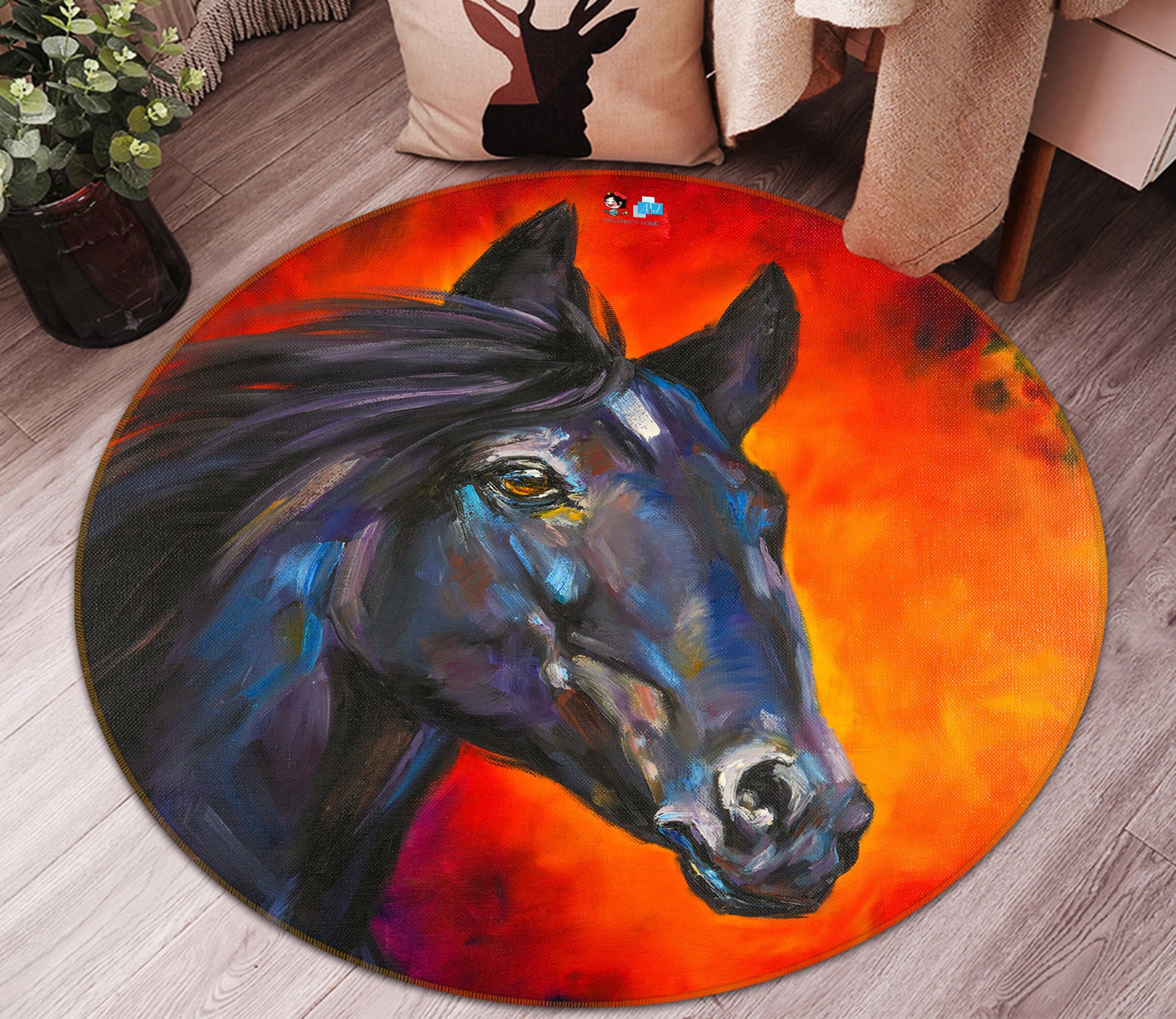 3D Black Horse 722 Skromova Marina Rug Round Non Slip Rug Mat